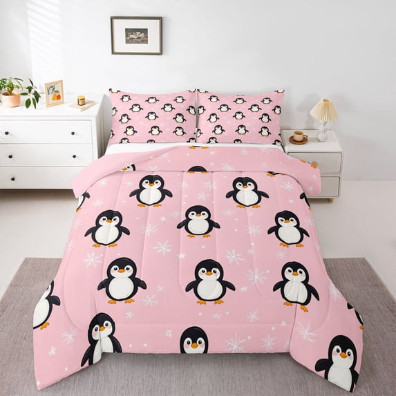 Castle Fairy Kawaii Penguin Queen Comforter Set,Winter Snowflakes Bedding Comforter Set