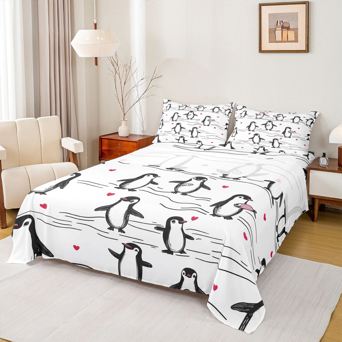 Castle Fairy Kawaii Penguin Queen Sheet Sets for Preppy Kids,Love Heart ...