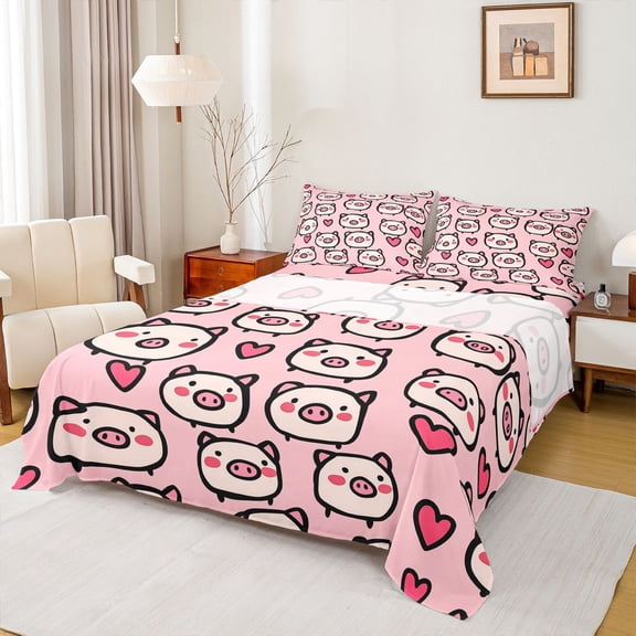 Castle Fairy Kawaii Pig Full Size Sheets,Cartoon Farmhouse Animal Bed Sheets