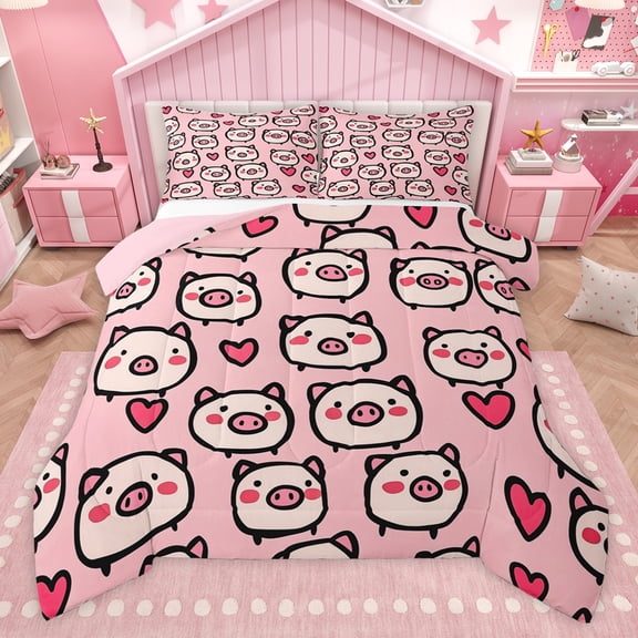 Castle Fairy Kawaii Pig Queen Comforter Set,Cartoon Farmhouse Animal Bedding Comforter Set