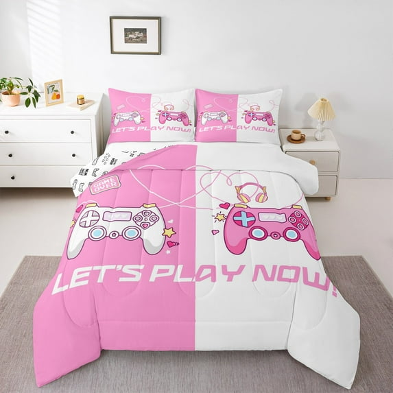 Castle Fairy Kawaii Pink White Gamepads Bedding Comforter Set 2pcs for Boys Girls,Cartoon Gamer Twin Comforter Sets Microfiber,Video Game Game Controller Breathable Bedding Set,Breathable Home Decor
