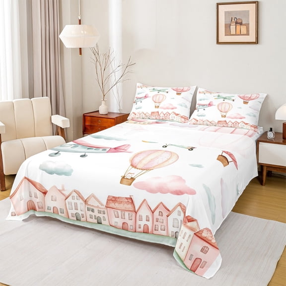 Castle Fairy Kawaii Plane 3Pcs Twin Sheet Sets for Boys Girls Teens,Cartoon Airplane Twin Fitted Sheet,Transportation Theme Breathable Flat Sheet,Super Cozy Room Decor