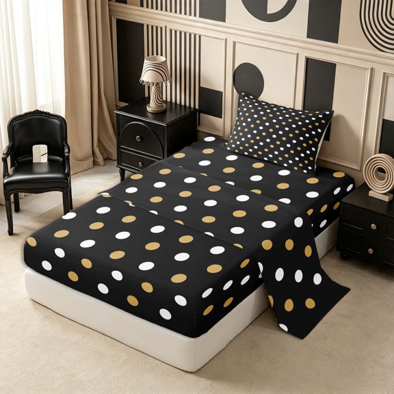 Castle Fairy Kawaii Polka Dots Twin Sheets 3pcs,Minimalist Circle Spot Bedding,Gold White Black,1 Flat Sheet, 1 Fitted Sheet and 1 Pillowcase