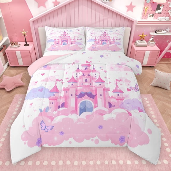 Castle Fairy Kawaii Princess Castle 3 Pieces Queen Comforter Set for Girls Women Children,Flying Butterflies Ultra Soft Bedding Sets,Dreamy Princess Bedding Comforter Set,Ultra Soft Home Decor