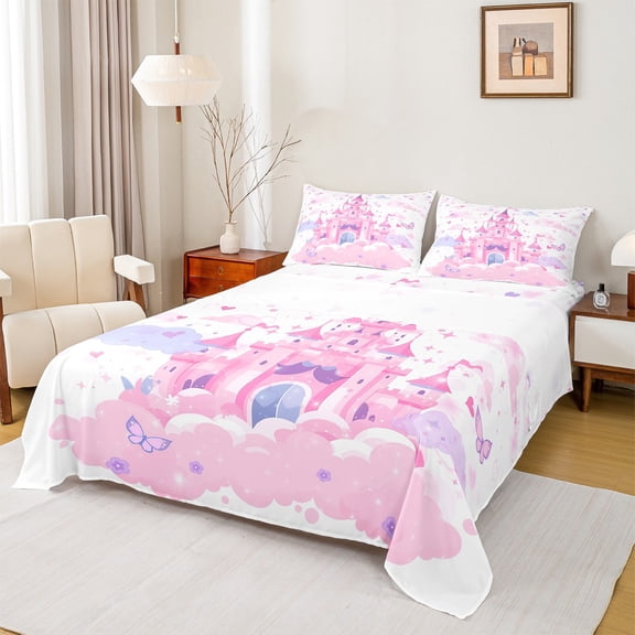 Castle Fairy Kawaii Princess Castle 4-Piece Full Size Sheets for Girls Women Children,Flying Butterflies Bed Sheets,Dreamy Princess Lightweight Sheet Sets,Ultra Soft Home Decor