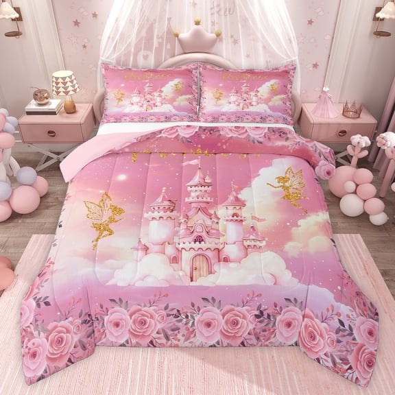 Castle Fairy Kawaii Princess Castle Queen Comforter Set,Flying Fairy Bedding Comforter Set