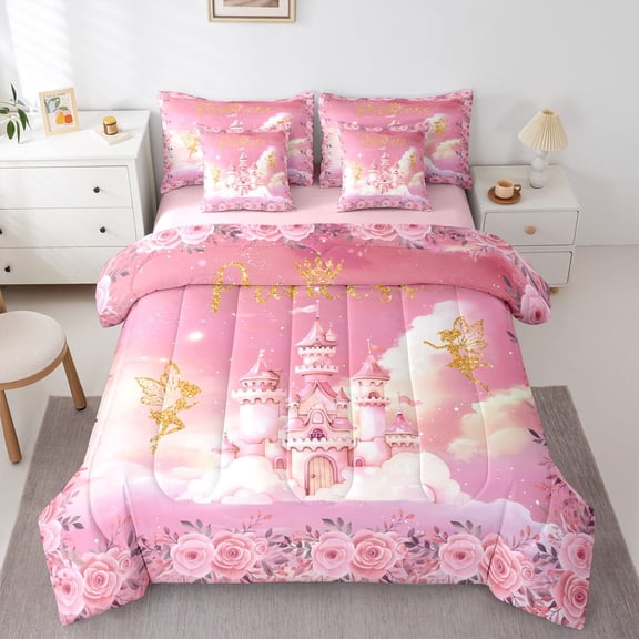 Castle Fairy Kawaii Princess Castle Twin Bedding Sets,Gold Fairy Bedding Comforter Set
