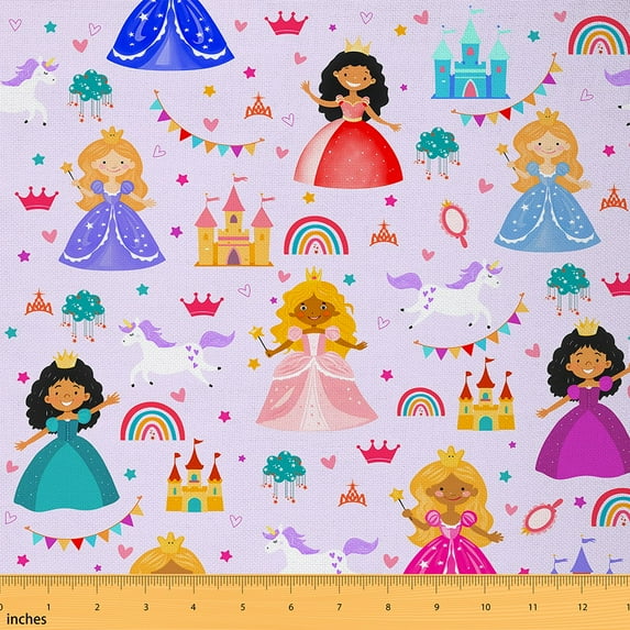 Castle Fairy Kawaii Princess Fabric by the Yard 1 Yard for Children,Cartoon Castle Home Decor Fabric by the Yard,Unicorn Rainbow Room Decor Fabric by the Yard,Lightweight Room Decor