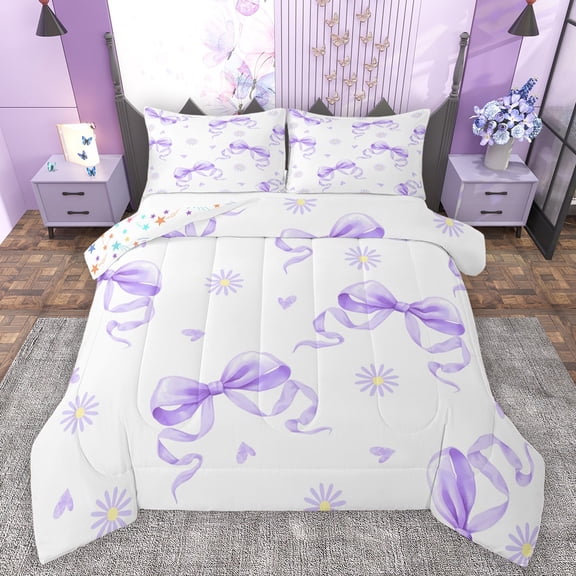 Castle Fairy Kawaii Purple Bow Knot Girl Boy Bedding Comforter Set 2pcs,Groovy Floral Daisy Twin Comforter Sets Microfiber,Dreamy Princess Breathable Bedding Set,Luxury Bedroom Decor,Reversible