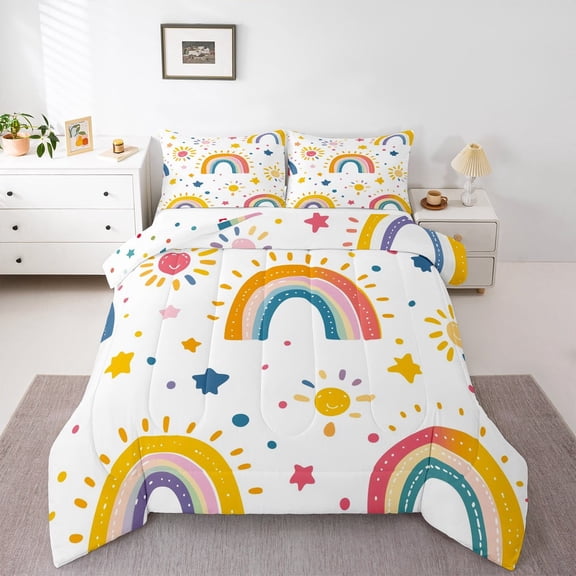 Castle Fairy Kawaii Rainbow 2pcs Bedding Comforter Set for Children,Stars Print Twin Comforter Sets,Polka Dots Breathable Bedding Set,Breathable Home Decor