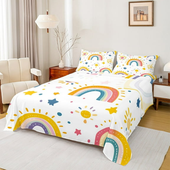 Castle Fairy Kawaii Rainbow 4 Pieces Queen Sheet Sets for Children,Stars Print Ultra Soft Flat Sheet,Polka Dots Queen Fitted Sheet,Breathable Home Decor