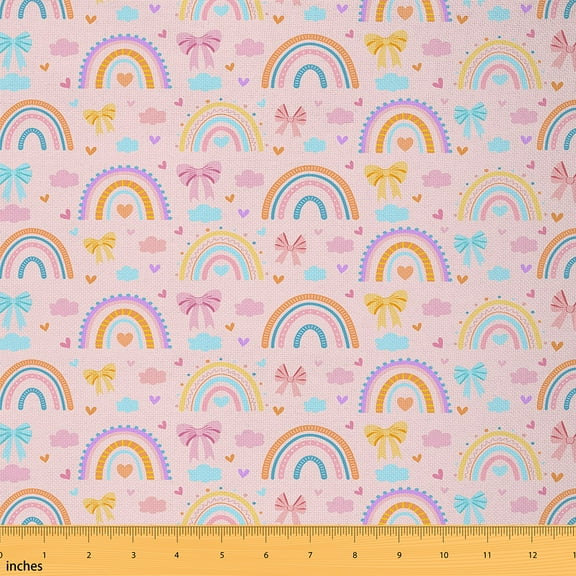 Castle Fairy Kawaii Rainbow Girl Fabric by the Yard 1 Yard,Pink Bowknot Home Decor Fabric by the Yard,Dreamy Princess Room Decor Fabric by the Yard,Lightweight Room Decor
