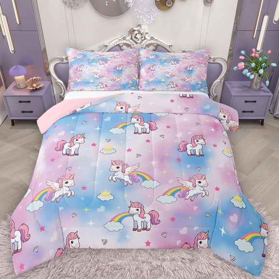 Castle Fairy Kawaii Rainbow Unicorn Girl Full Size Comforter Sets 3-Piece,Starry Sky Bedding Comforter Set,Abstract Gradient Lightweight Bedding Sets,Lightweight Room Decor,Reversible