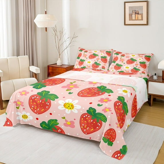 Castle Fairy Kawaii Red Strawberry 3Pcs Twin Sheet Sets for Teens Girls Women,Cute Flower Twin Fitted Sheet,Polka Dots Breathable Flat Sheet,Lightweight Room Decor