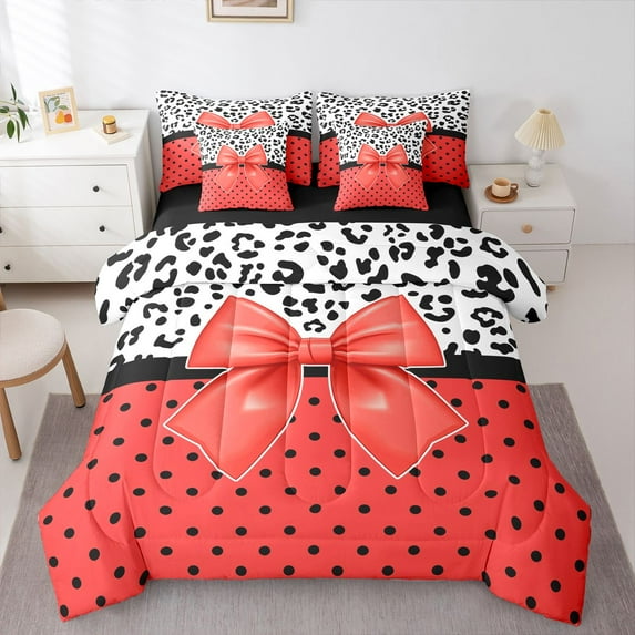 Castle Fairy Kawaii Ribbon Bow Bedding Comforter Set,Animal Leopard Print Full Bedding Set
