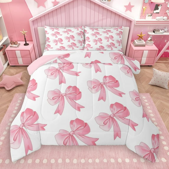 Castle Fairy Kawaii Ribbon Bowknot 2Pcs Bedding Comforter Set for Women Girls Children,Pink White Twin Comforter Sets,Dreamy Princess Breathable Bedding Set,Luxury Bedroom Decor