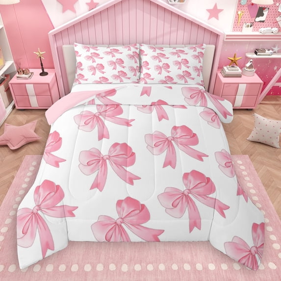 Castle Fairy Kawaii Ribbon Bowknot 3 Pieces Queen Comforter Set for Women Girls Children,Pink White Ultra Soft Bedding Sets,Dreamy Princess Bedding Comforter Set,Luxury Bedroom Decor