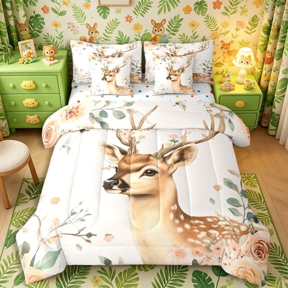 Castle Fairy Kawaii Rose Deer King Bedding 7pcs,Vintage Watercolor Floral Wildlife King Bed in a Bag,Cream Peach,Reversible