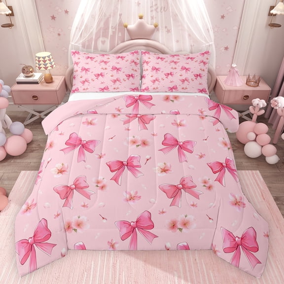 Castle Fairy Kawaii Sakura Bowknot Bedding Comforter Set 2pcs for Kids Teens Adults,Dreamy Princess Twin Comforter Sets Microfiber,Chic Flower Cherry Blossom Breathable Bedding Set