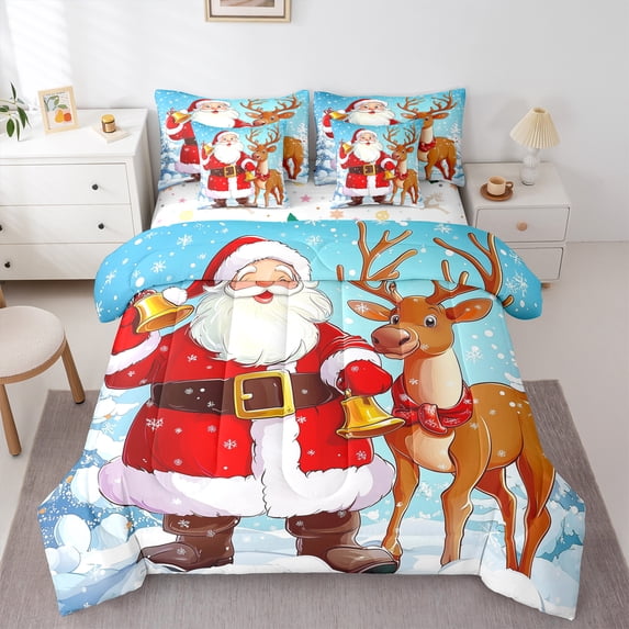 Castle Fairy Kawaii Santa Claus Deer 7 Pieces Bedding Comforter Set for Kids Children Boys Girls,Merry Christmas Xmas Full Bedding Set Lightweight,Happy New Year Fitted Sheet Flat Sheet