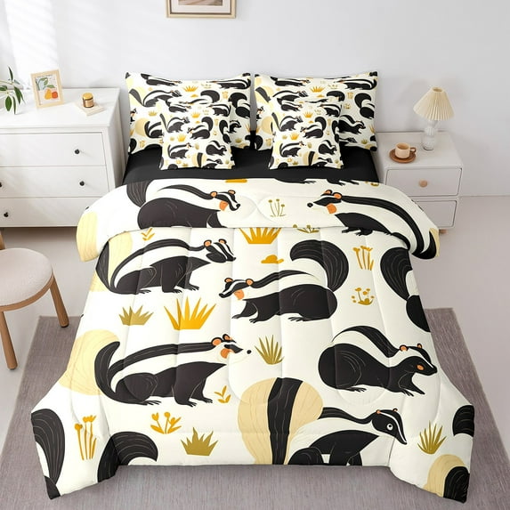 Castle Fairy Kawaii Skunk 7-Piece Twin Bedding Sets,Black White Bedding Comforter Set,Cartoon Wildlife Breathable Sheet Sets,Luxury Children Bedroom Decor,Reversible