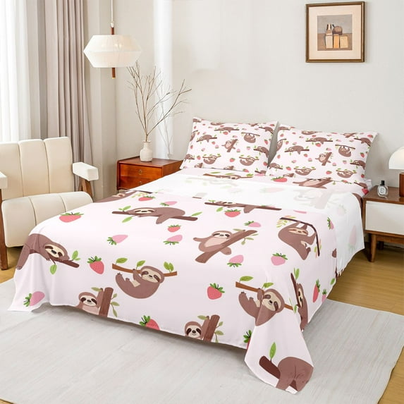Castle Fairy Kawaii Sloth 4 Pieces Queen Sheet Sets for Boys Girls,Cute Fruit Animal Ultra Soft Flat Sheet,Cartoon Strawberry Wildlife Queen Fitted Sheet,Luxury Bedroom Decor