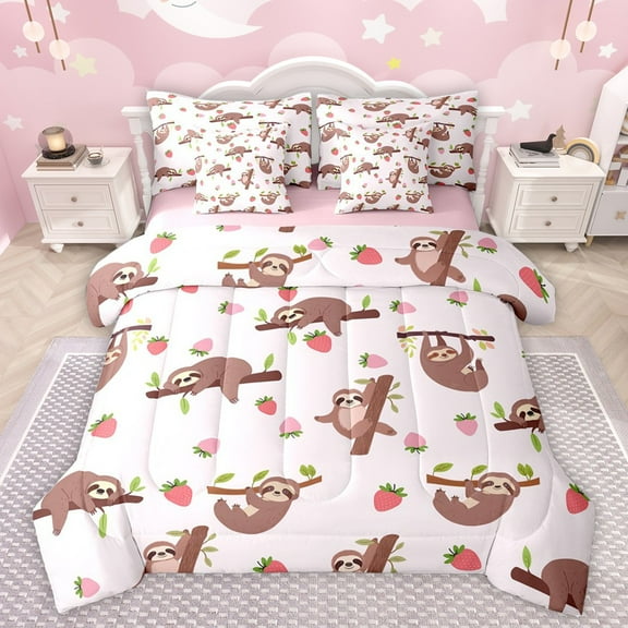 Castle Fairy Kawaii Sloth Bedding Comforter Set 7 Pieces for Boys Girls,Cute Fruit Animal Full Bedding Set Lightweight,Cartoon Strawberry Wildlife Fitted Sheet Flat Sheet,Luxury Bedroom Decor