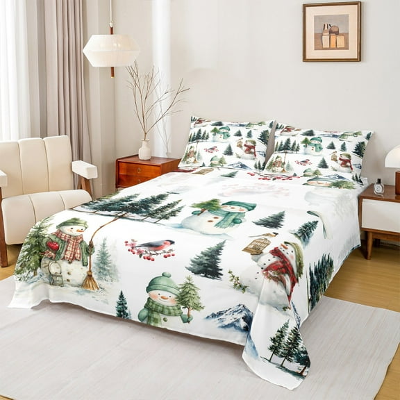 Castle Fairy Kawaii Snowman 3pcs Twin Sheet Sets for Teens,Festival Theme Twin Fitted Sheet,Merry Christmas Breathable Flat Sheet,Ultra Soft Home Decor