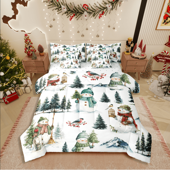 Castle Fairy Kawaii Snowman 7-Piece Twin Bedding Sets for Teens,Festival Theme Bedding Comforter Set,Merry Christmas Breathable Sheet Sets,Ultra Soft Home Decor