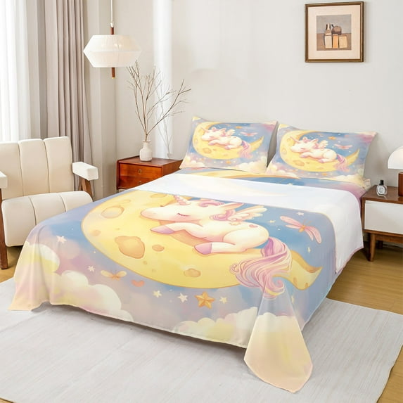 Castle Fairy Kawaii Stars Unicorn 3Pcs Twin Sheet Sets for Girls Children,Princess Rainbow Twin Fitted Sheet,Cute Animal Breathable Flat Sheet,Luxury Bedroom Decor