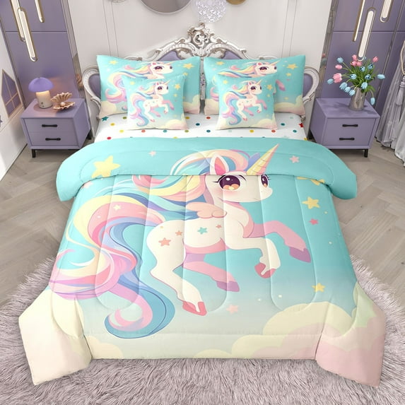 Castle Fairy Kawaii Stars Unicorn 7-Piece Bedding Comforter Set for Girls Children,Princess Rainbow King Bedding Sets,Cute Animal Ultra Soft Bed Sheets,Luxury Bedroom Decor