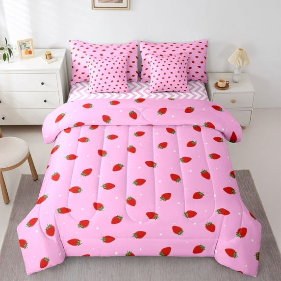 Castle Fairy Kawaii Strawberry Bedding Comforter Set,Cute Food Queen Bedding Sets
