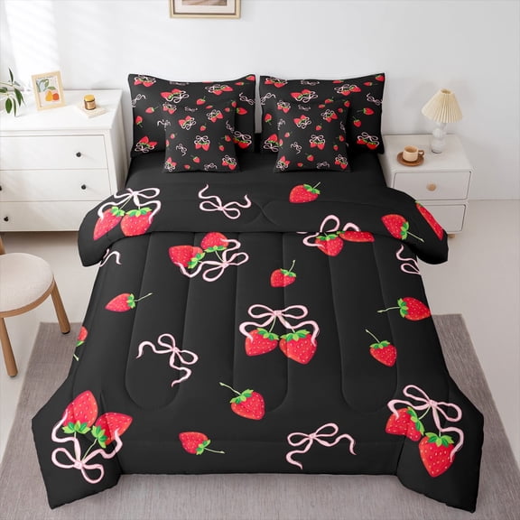 Castle Fairy Kawaii Strawberry Bow 7-Piece Bedding Comforter Set for Girls Women Teens,Dreamy Princess King Bedding Sets,Cute Bowknot Ultra Soft Bed Sheets,Ultra Soft Home Decor