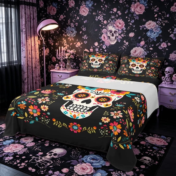 Castle Fairy Kawaii Sugar Skull Queen Sheets 4 Pieces,Gothic Colorful Floral Day Of The Dead Queen Sheet Sets,Multitone Black,1 Fitted Sheet,1 Flat Sheet and 2 Pillowcases