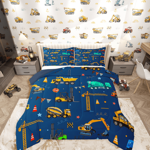 Castle Fairy Kawaii Tractor 3 Pieces Queen Comforter Set,Cartoon Car Ultra Soft Bedding Sets,Construction Vehicles Bedding Comforter Set,Luxury Children Bedroom Decor,Reversible