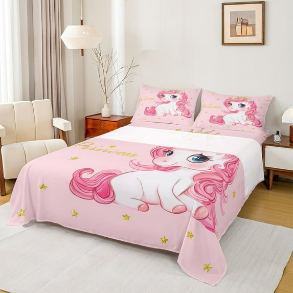 Castle Fairy Kawaii Unicorn 4 Pieces Queen Sheet Sets,Bling Glitter Ultra Soft Flat Sheet,Kawaii Princess Queen Fitted Sheet for Girls Kids Women,Microfiber Bedroom Decor