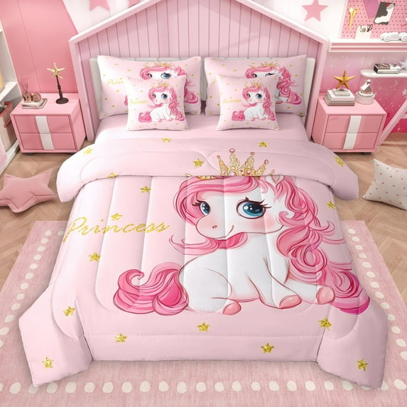 Castle Fairy Kawaii Unicorn 7 Pieces Bedding Comforter Set,Bling Glitter Full Bedding Set Lightweight,Kawaii Princess Fitted Sheet Flat Sheet for Girls Kids Women,Microfiber Bedroom Decor
