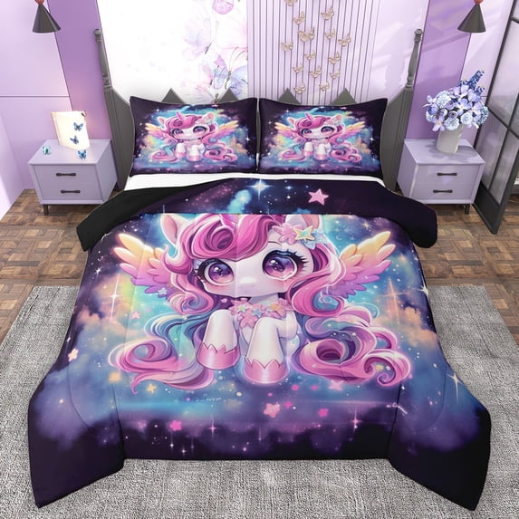 Castle Fairy Kawaii Unicorn Girl Bedding Comforter Set 2pcs,Gradient Starry Sky Twin Comforter Sets Microfiber,Dreamy Princess Breathable Bedding Set,Super Cozy Room Decor,Reversible
