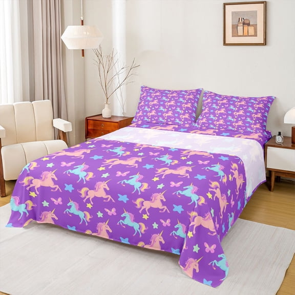 Castle Fairy Kawaii Unicorn Twin Sheet Sets,Flying Butterflies Bedding