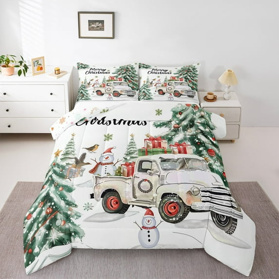 Castle Fairy Kawaii Xmas Snowman 2Pcs Bedding Comforter Set for Preppy Children Teens,Retro White Truck Twin Comforter Sets,Merry Christmas Tree Breathable Bedding Set,Microfiber Bedroom Decor