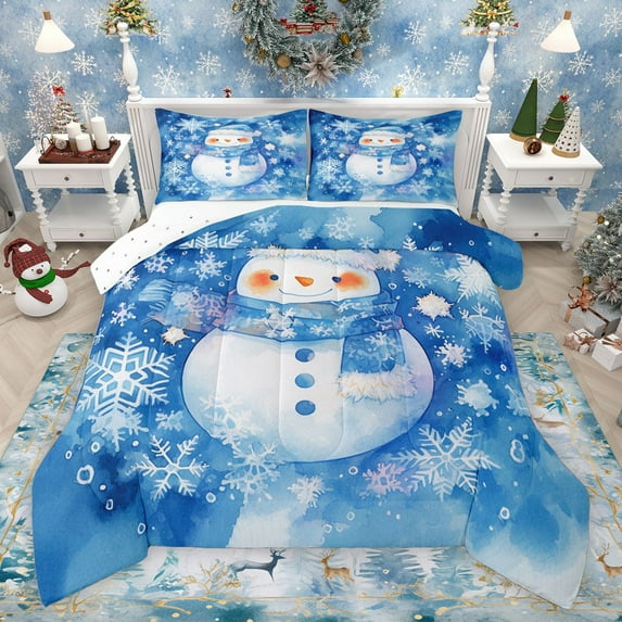 Castle Fairy Kawaii Xmas Snowman 3 Pieces Queen Comforter Set for Kids Children Teens,Gradient Christmas Snowflakes Ultra Soft Bedding Sets,Happy New Year Bedding Comforter Set Breathable