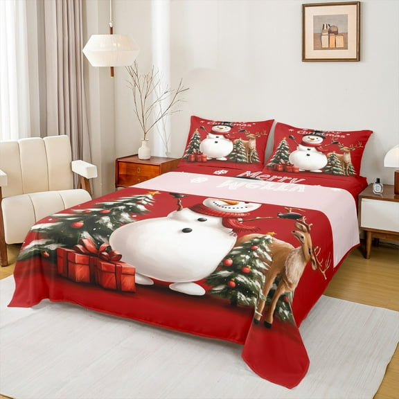 Castle Fairy Kawaii Xmas Snowman Deer 3Pcs Twin Sheet Sets for Preppy Children Teens,Merry Christmas Tree Twin Fitted Sheet,Happy New Year Breathable Flat Sheet,Super Cozy Room Decor