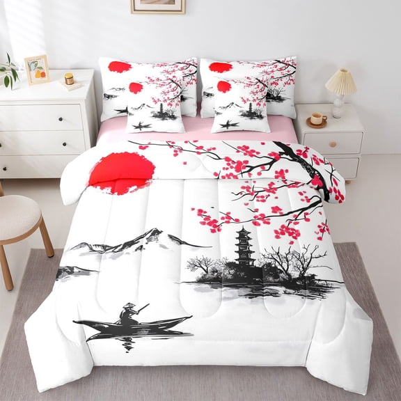 Castle Fairy Kids Adults Red Sakura Bedding Comforter Set,Cherry Blossom Full Bedding Set