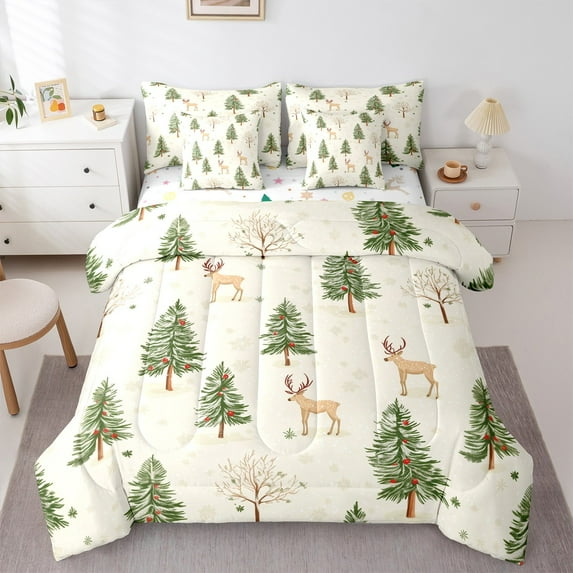 Castle Fairy Kids Animal Deer 7-Piece Twin Bedding Sets,Christmas Tree Bedding Comforter Set,Happy New Year Breathable Sheet Sets,Ultra Soft Home Decor