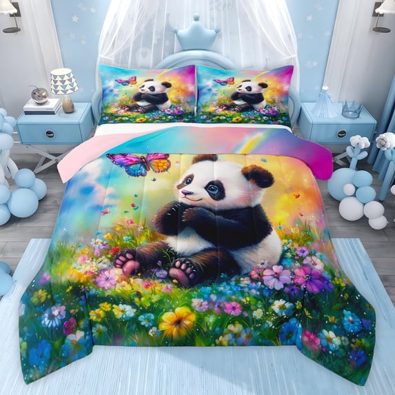 Castle Fairy Kids Animal Panda Twin Comforter Sets,Colorful Flowers Butterfly Bedding Set