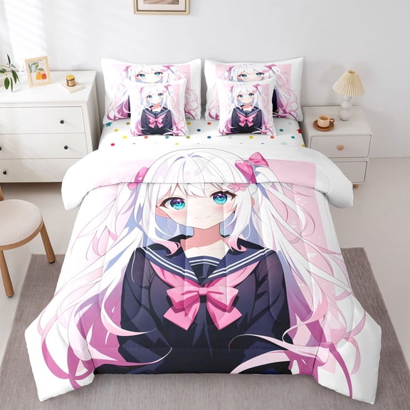 Castle Fairy Kids Anime Girl Bedding Comforter Set,Kawaii Bow Princess King Bedding Sets