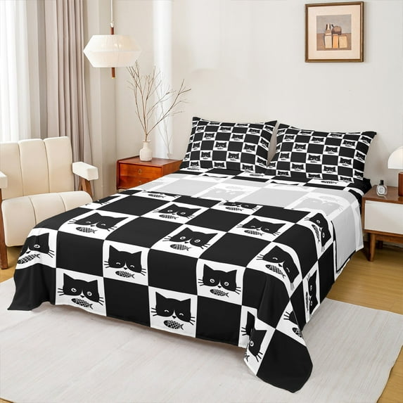Castle Fairy Kids Black Cats 4pcs Bed Sheets,Geometric Plaid King Sheets,Kawaii Animal Super Cozy Sheet Set,Luxury Bedroom Decor
