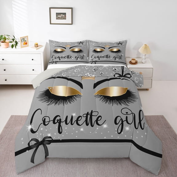 Castle Fairy Kids Black Purple Eyelash Twin Comforter Sets,Dreamy Princess Bow Bedding Set