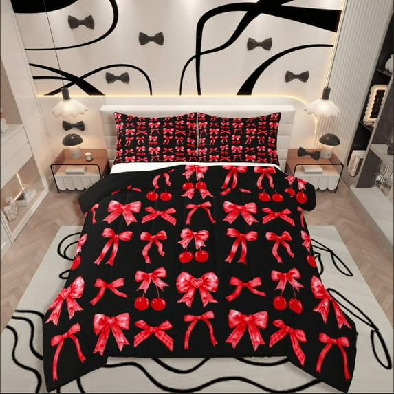 Castle Fairy Kids Bowknot Cherry 2pcs Bedding Comforter Set,Black Red Twin Comforter Sets,Dreamy Princess Breathable Bedding Set,Luxury Bedroom Decor