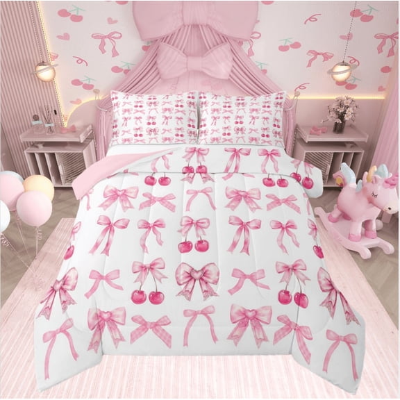 Castle Fairy Kids Bowknot Cherry 3-Piece Full Size Comforter Sets,Pink White Bedding Comforter Set,Dreamy Princess Lightweight Bedding Sets,Luxury Bedroom Decor
